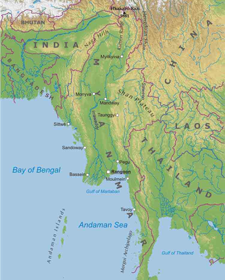 physical map of myanmar